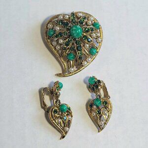 Vintage Set Brooch Clip On Earrings Green Gold Filigree Pearl Gaux Amazonite